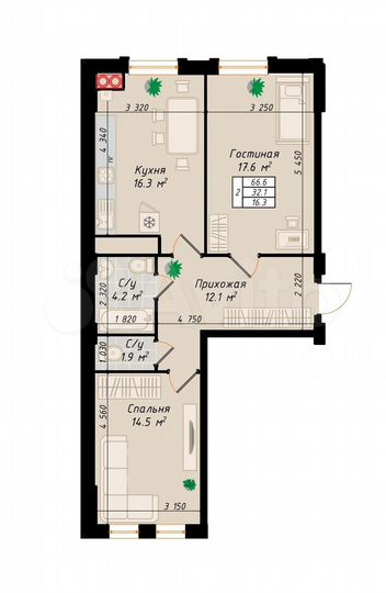 2-к. квартира, 66,6 м², 1/10 эт.