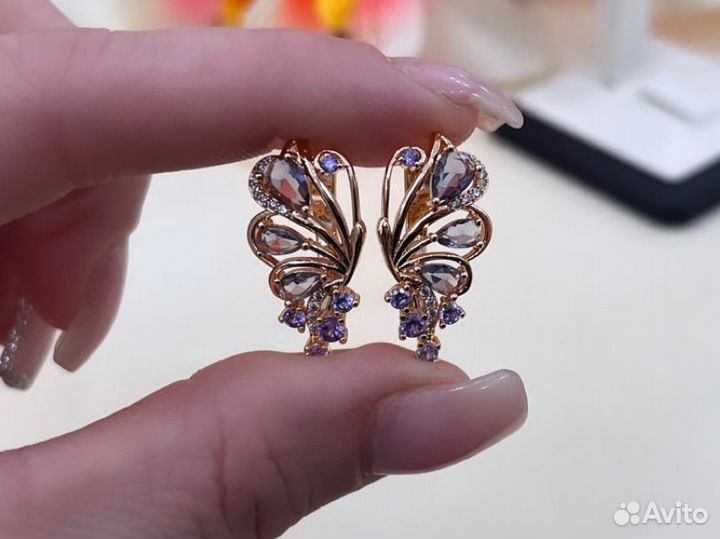 Шикарные серьги с фианитами, покрытие золото