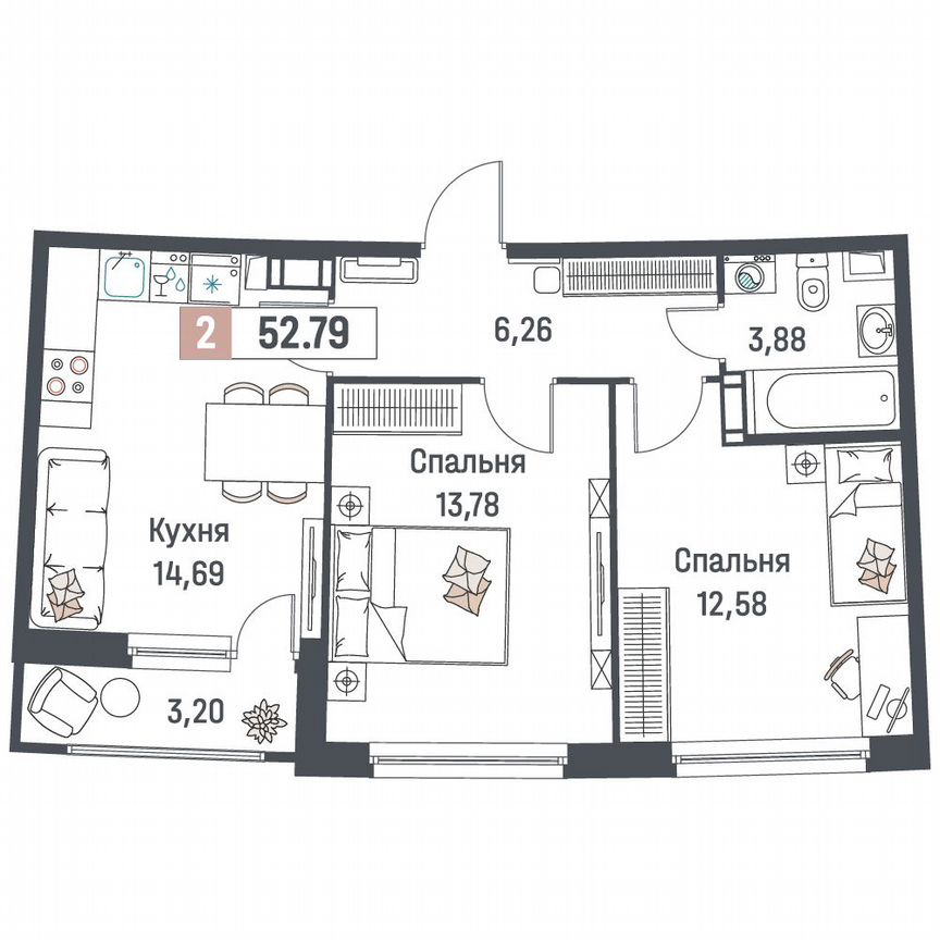 2-к. квартира, 52,8 м², 11/18 эт.