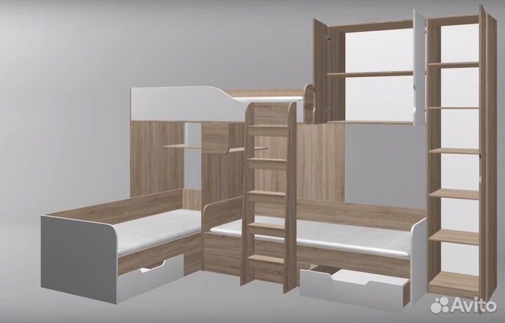 Кровать детская для троих детей со шкафом Сонома/С