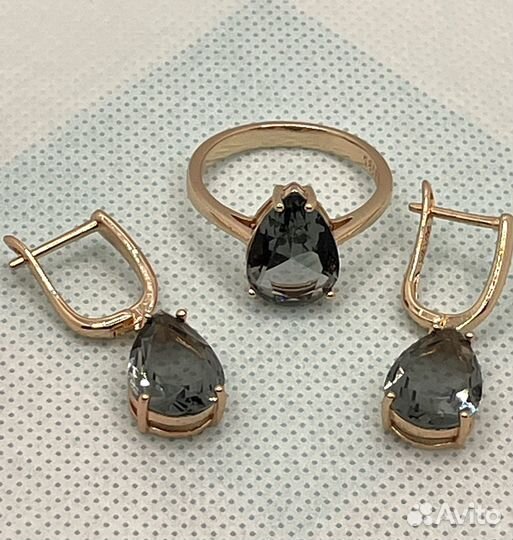 Серьги и кольцо позолота 585 с дымчатым кристаллом