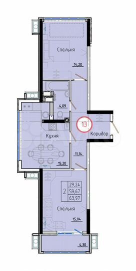 2-к. квартира, 64 м², 3/8 эт.