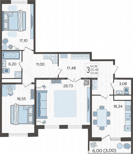 3-к. квартира, 123 м², 19/22 эт.