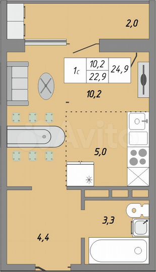 1-к. квартира, 24,9 м², 1/24 эт.