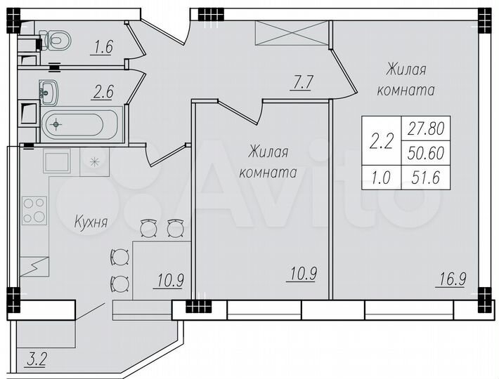 2-к. квартира, 51,6 м², 4/10 эт.