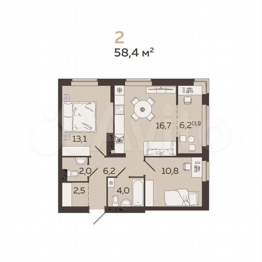 2-к. квартира, 58,4 м², 7/19 эт.