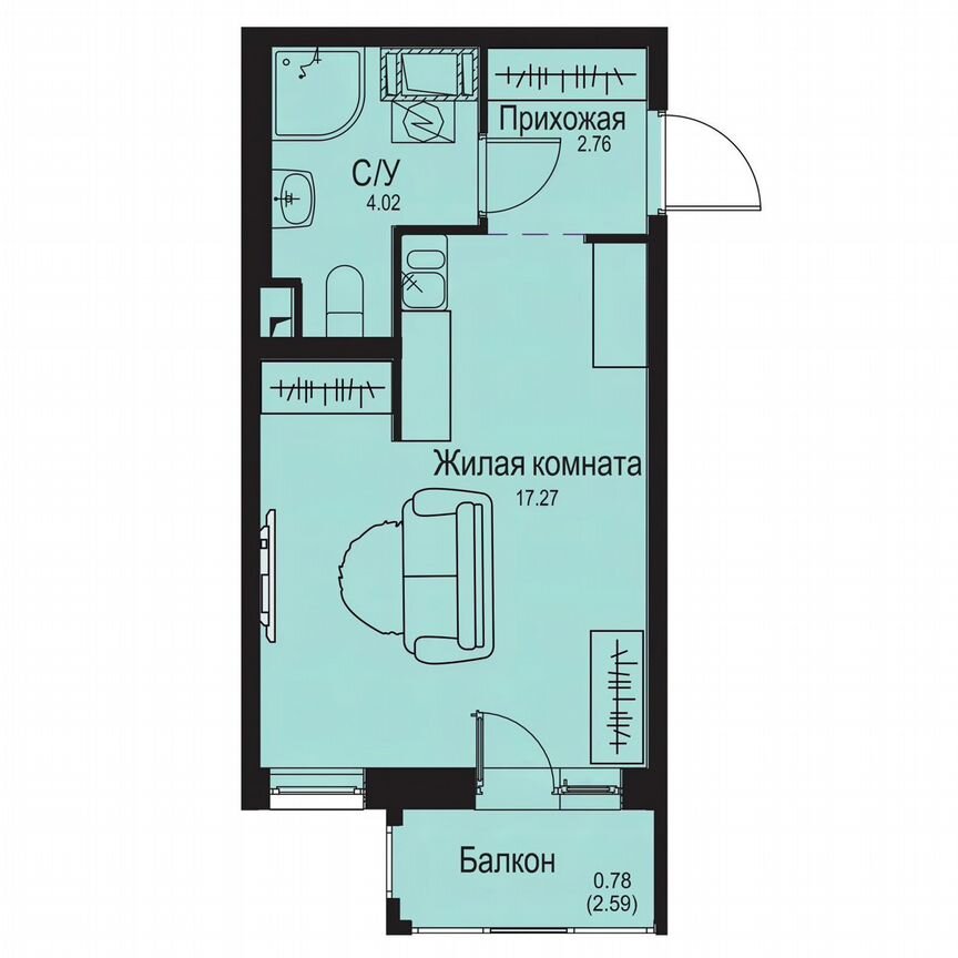 Квартира-студия, 24,8 м², 6/9 эт.