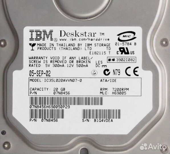 Жесткий диск IBM IC35L020avvn07-0 20Gb IDE 3.5