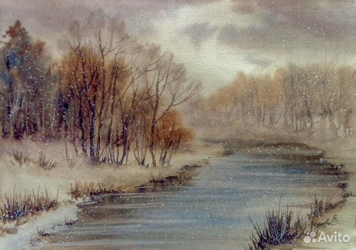 Картина акварелью, зима,зимний пейзаж