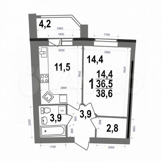 1-к. квартира, 38,6 м², 1/5 эт.