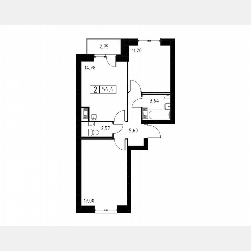 2-к. квартира, 54,4 м², 2/3 эт.