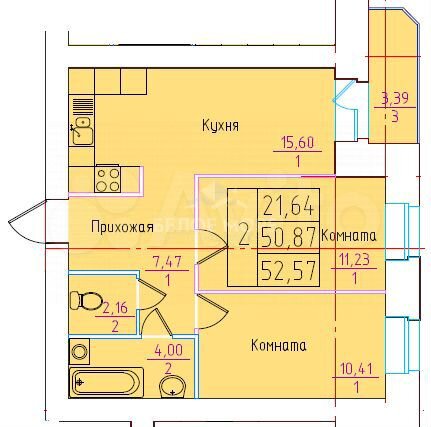 2-к. квартира, 52,6 м², 3/9 эт.