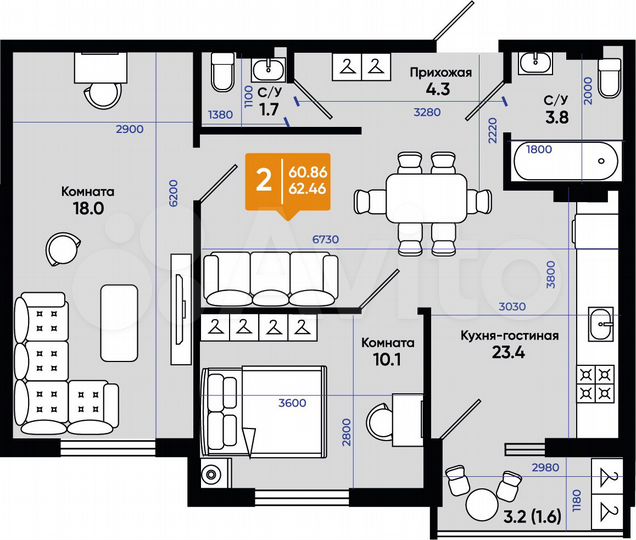 2-к. квартира, 62,5 м², 8/9 эт.