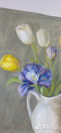 Букет цветов Ирисы и Тюльпаны Картина маслом 40\50