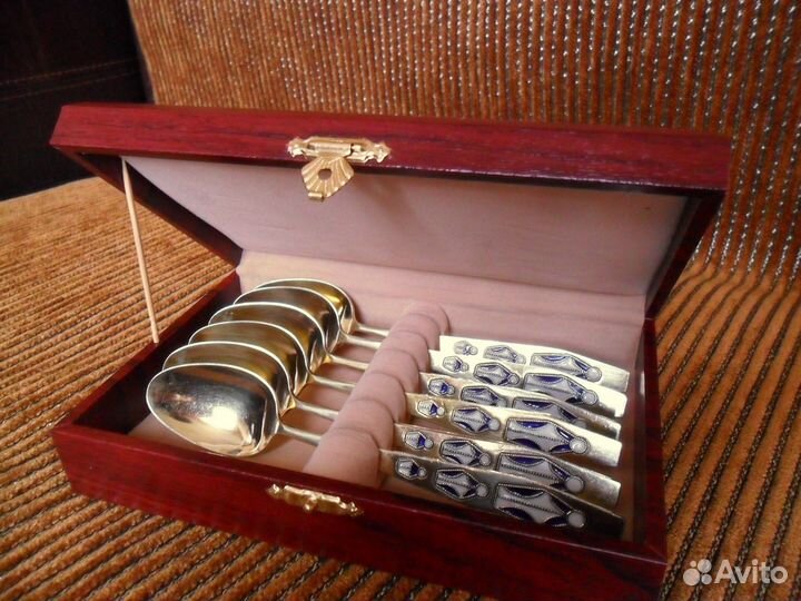 Набор чайных ложек с эмалью, серебро 875 пр. СССР