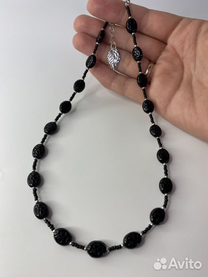 Черные бусы стекло клевер 43 см