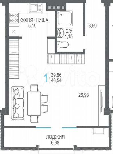 1-к. апартаменты, 46,5 м², 6/8 эт.