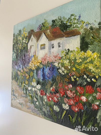 Картина маслом домик в цветах. Миниатюра
