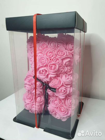 Мишка из роз 30 см розовый в коробке