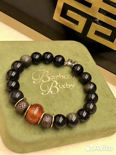 Браслет с натур черным обсидианом и сердоликом