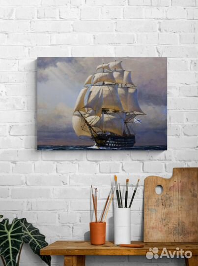 Картина на холсте с деревянным парусником 70х50