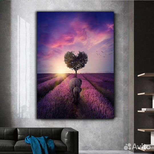 Картина маслом Слоны на лавандовом поле