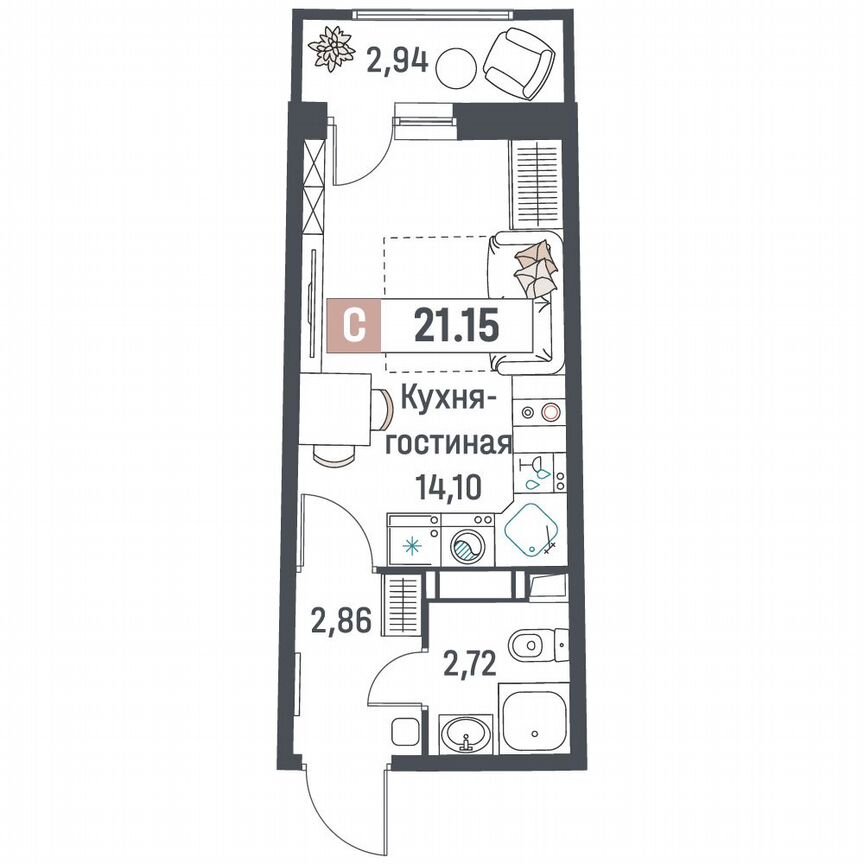 Квартира-студия, 21,2 м², 12/18 эт.
