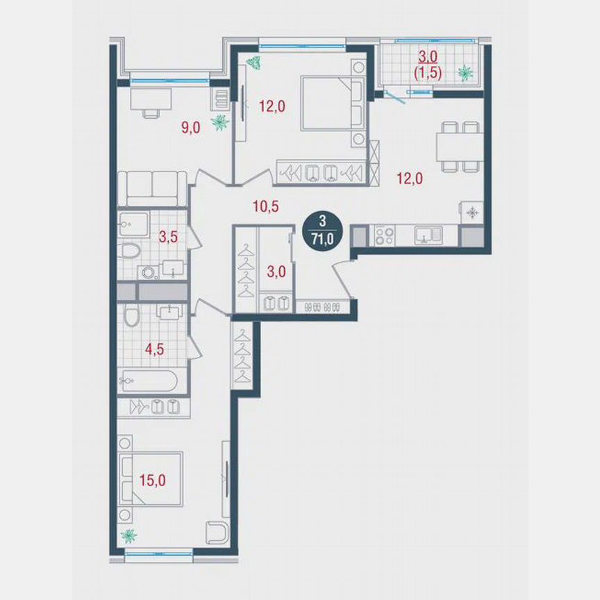 3-к. квартира, 71 м², 3/26 эт.