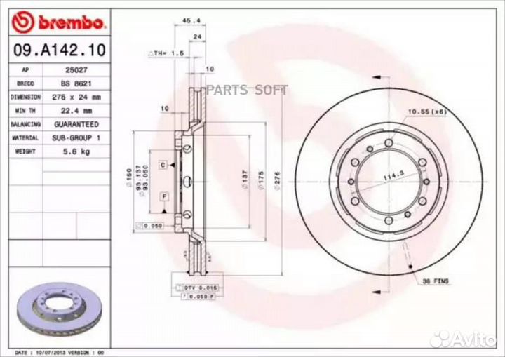 Brembo 09.A142.10 Диск торм. пер.вент.276х24 6 отв