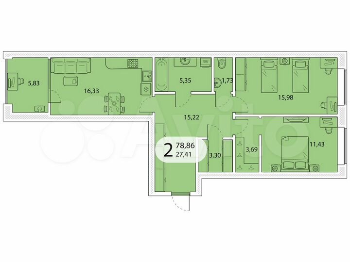 2-к. квартира, 78,9 м², 5/5 эт.