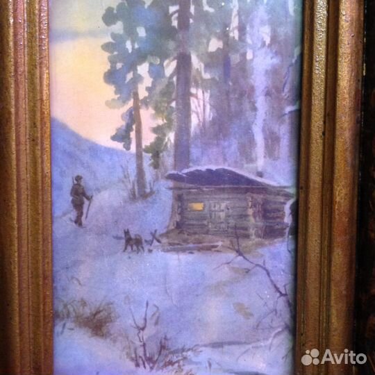 Старинная картина акварель. «Охотничья заимка»