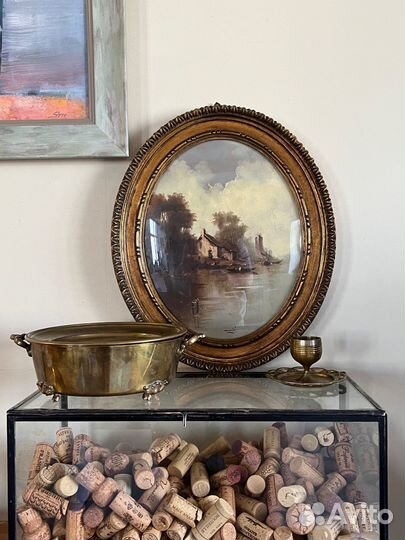 Картина живопись антикварная 32х38, рюмка латунь