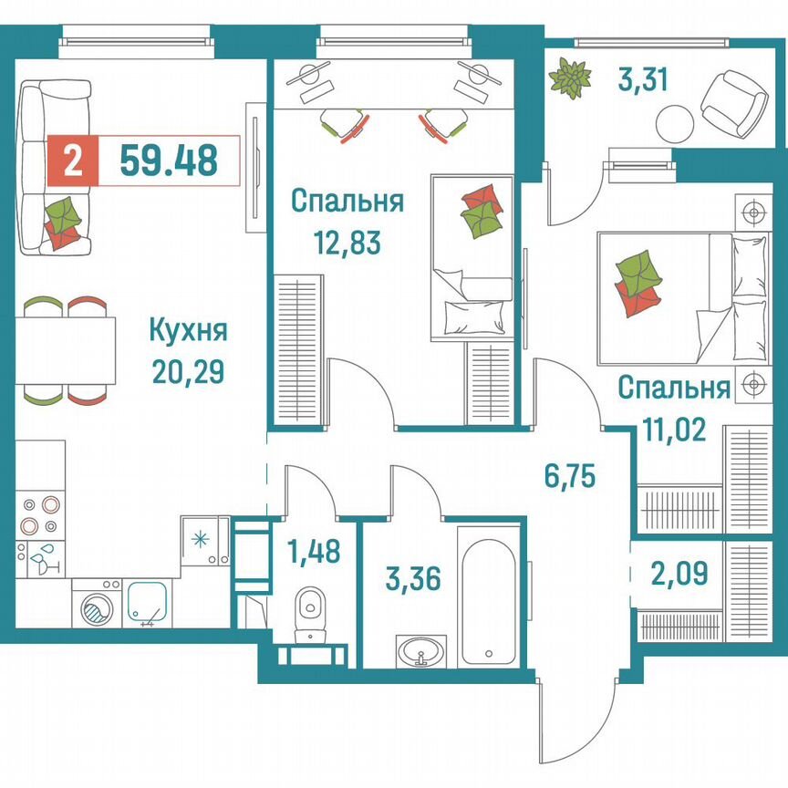 2-к. квартира, 59,5 м², 5/18 эт.