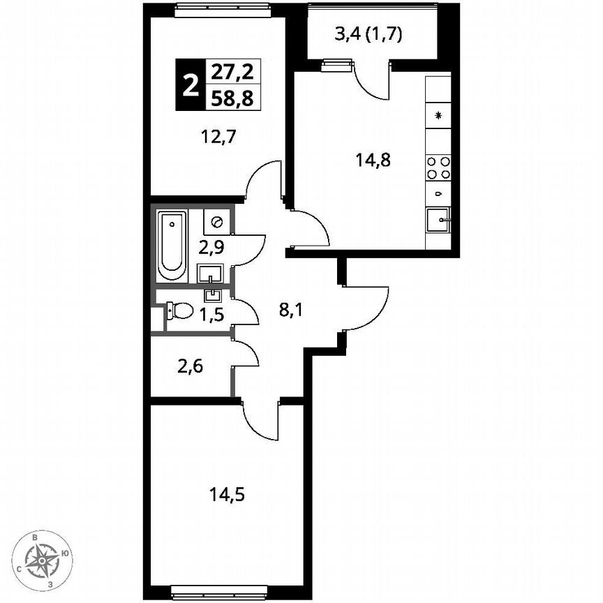 2-к. квартира, 58,8 м², 2/14 эт.