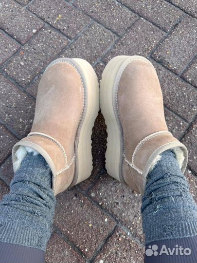 Женские угги мини UGG платформа бежевые