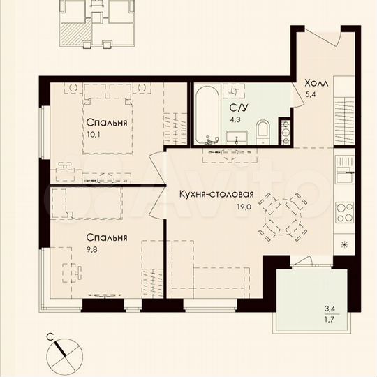 2-к. квартира, 50,3 м², 3/4 эт.
