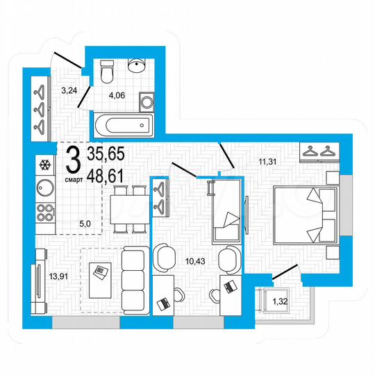 3-к. квартира, 48,6 м², 22/25 эт.