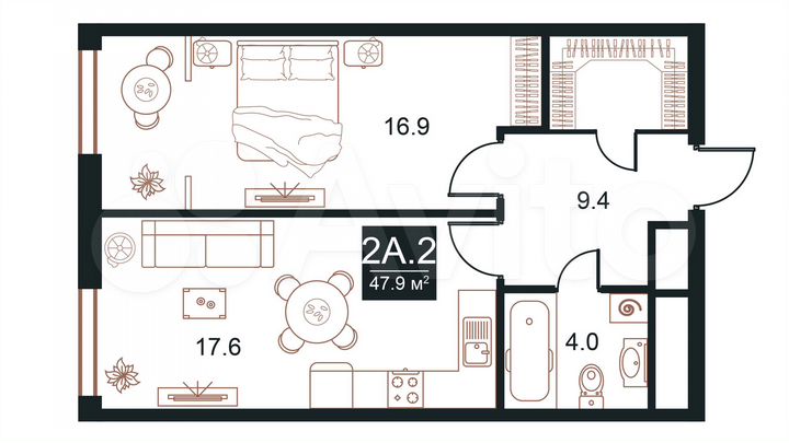 2-к. апартаменты, 47,9 м², 7/21 эт.