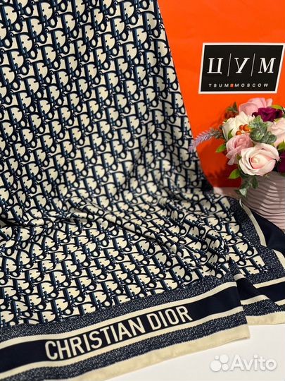 Шелковый платок бандана Dior синий новый