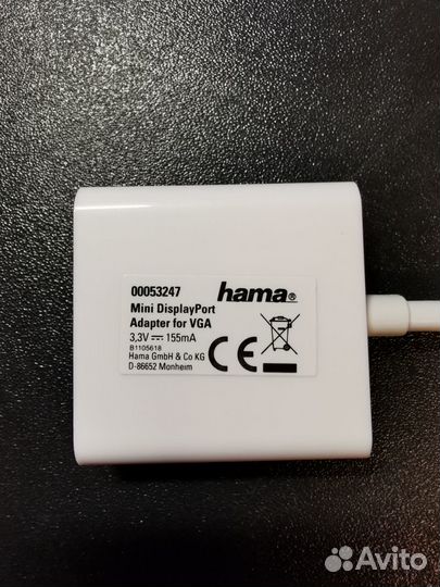 Адаптер Video hama VGA (f) - miniDisplayPort (m)