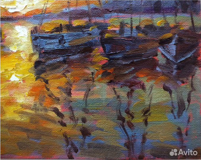 Картина маслом морской пейзаж, закат, яхты 20х20