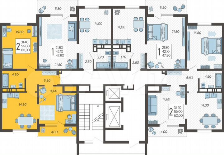 2-к. квартира, 60 м², 2/16 эт.