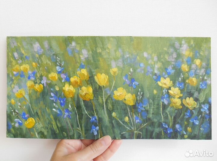 Картина маслом пейзаж с цветами. 15*30 см