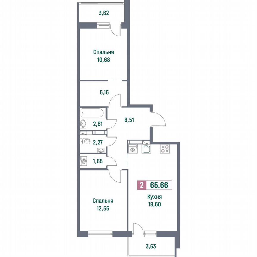 2-к. квартира, 65,7 м², 3/16 эт.