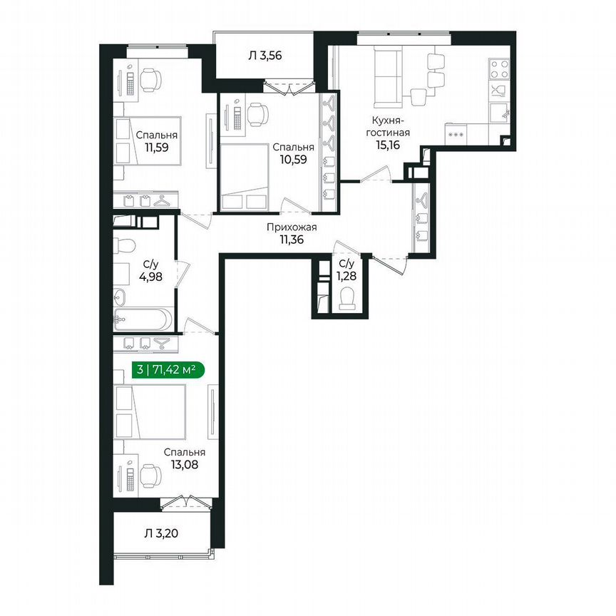 2-к. квартира, 71,4 м², 3/8 эт.