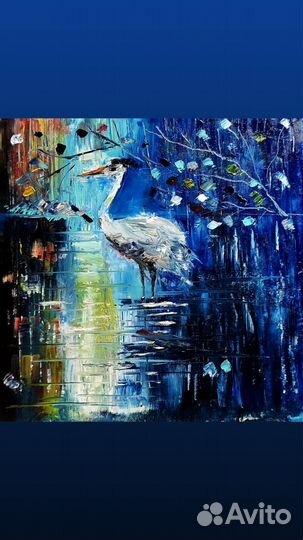 Картина маслом на холсте Лунный танец цапли