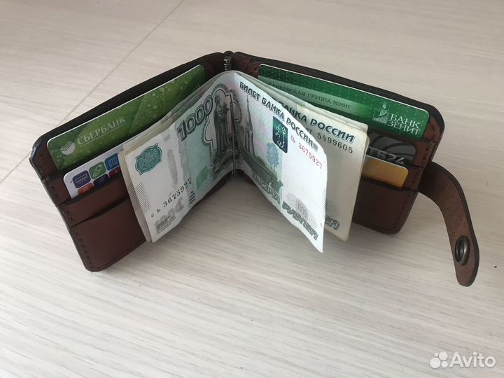 Кожаный кошелек мужской, скрепка для купюр