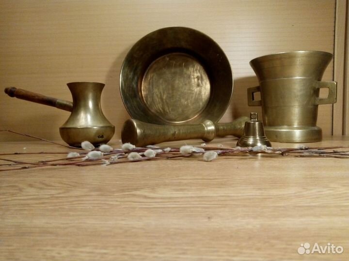 Посуда из латуни.Cтупка.Турка.Колокольчик.Декор