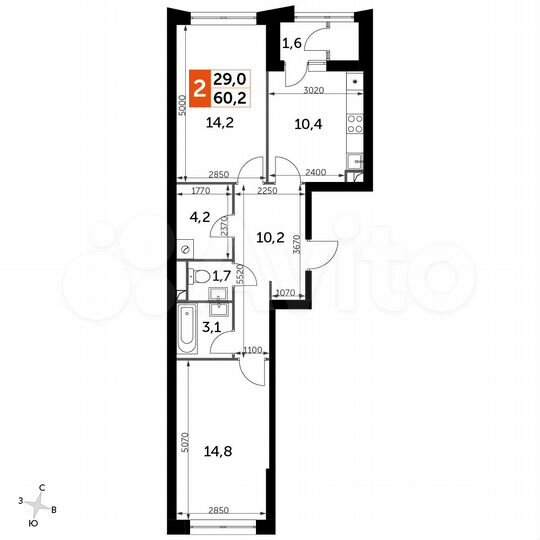 2-к. квартира, 60,2 м², 25/26 эт.