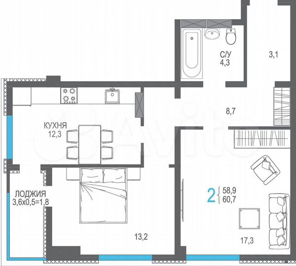 2-к. квартира, 60,7 м², 11/12 эт.